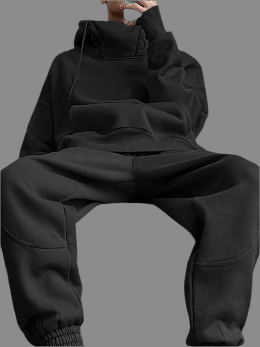 Men Kangaroo Pocket Drop Shoulder Drawstring Hoodie & Sweatpants