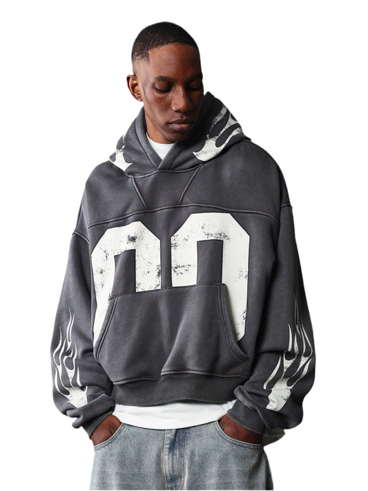 Washed Crop Hoodie With Flame & Number Graphic Print