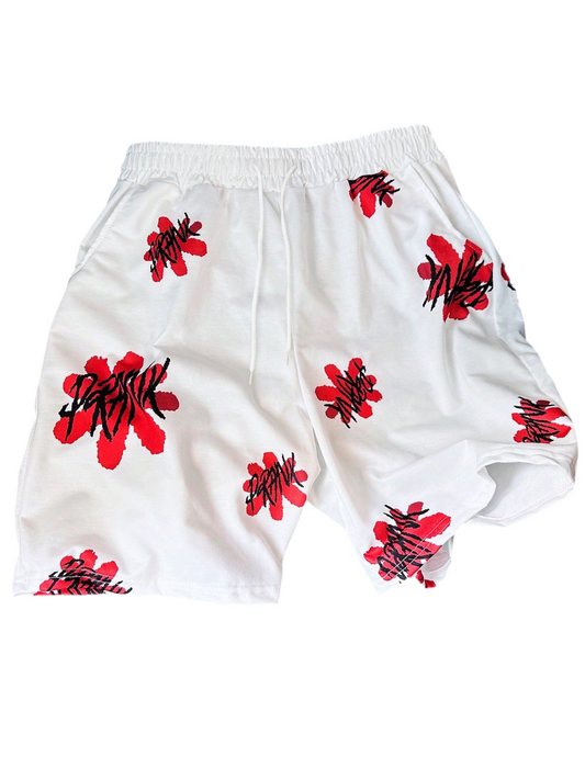 White Red Floral Shorts